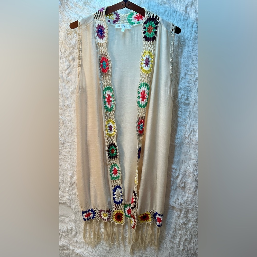 Kontrol Long Open Front Women's Medium 
Sleeveless Cardigan With Fringes Size M